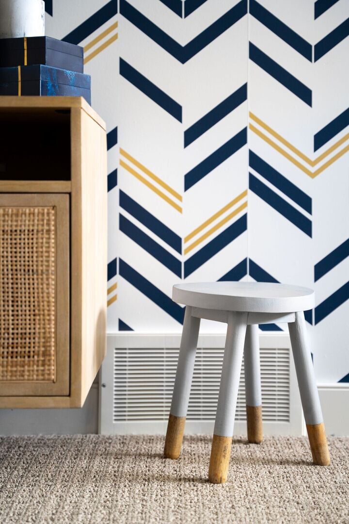 Blue, white and gold chevron wallpaper, kid play room inspiration